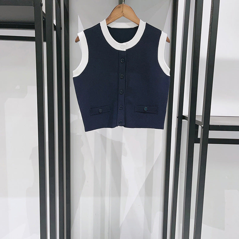 Crew Neck Sleeveless Knitted Vest Skirt Set