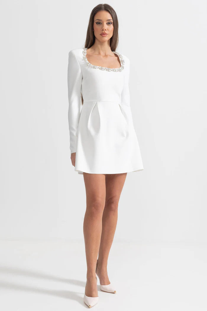 Elegant Dress With Square Neckline And Silver Floral Detailing - White