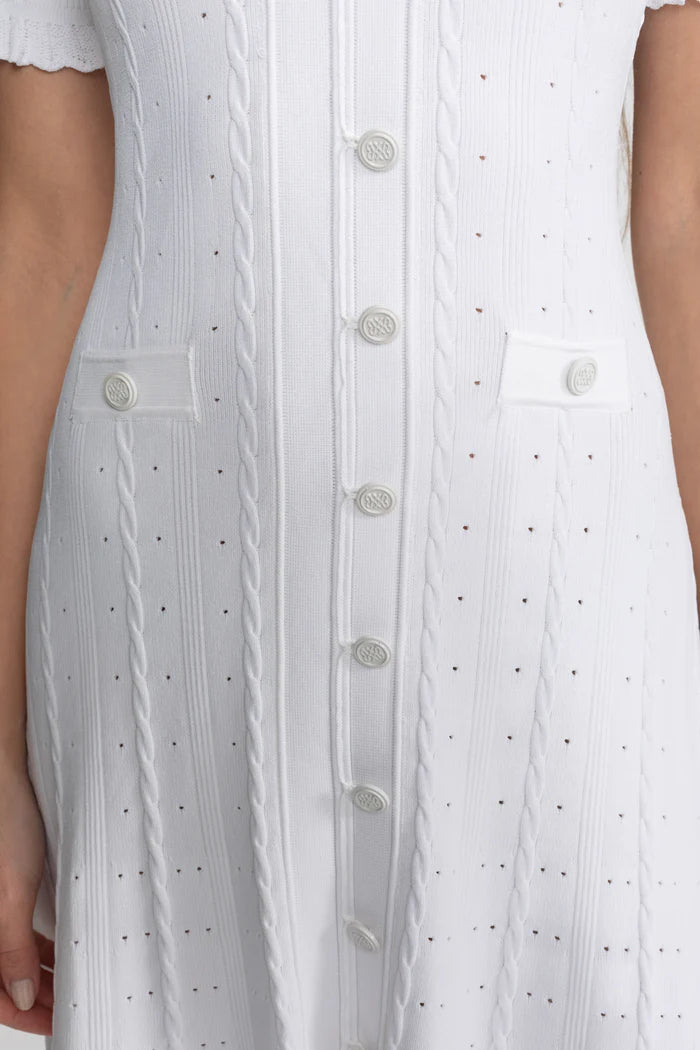 Knit bae Button-Front Midi Dress with Scalloped Sleeves – White