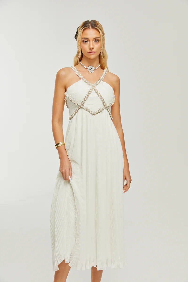 Hermine V-neck faux-pearl embellished midi dress