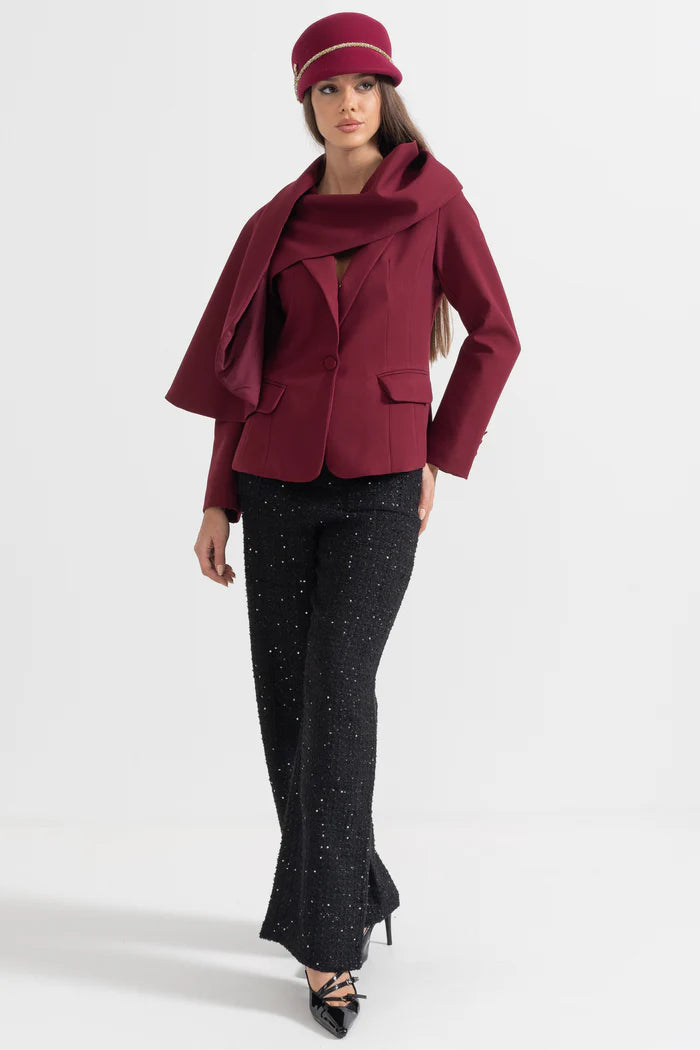 Modern Blazer With Asymmetrical Draped Scarf - Burgundy