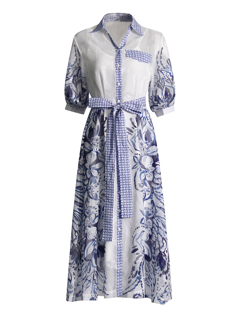 Printed lapel tie waist shirt dress