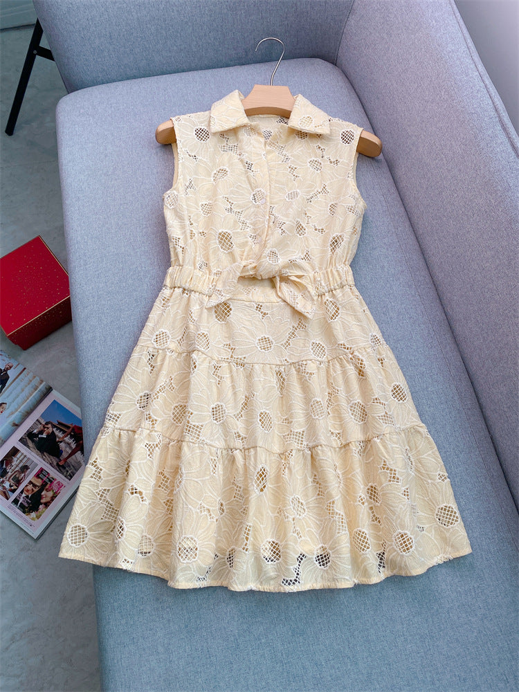 Yellow waist tie daisy cutout dress