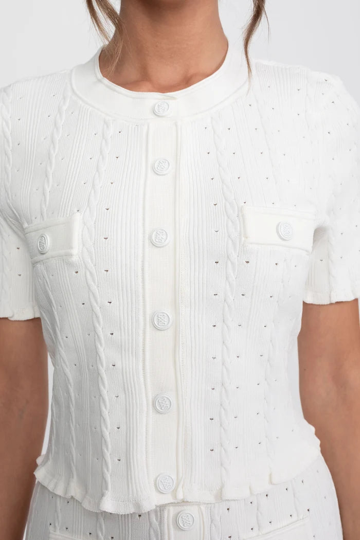 Ribbed Knit Co-Ord Set With Buttoned Front Cardigan And Matching Maxi Skirt - White