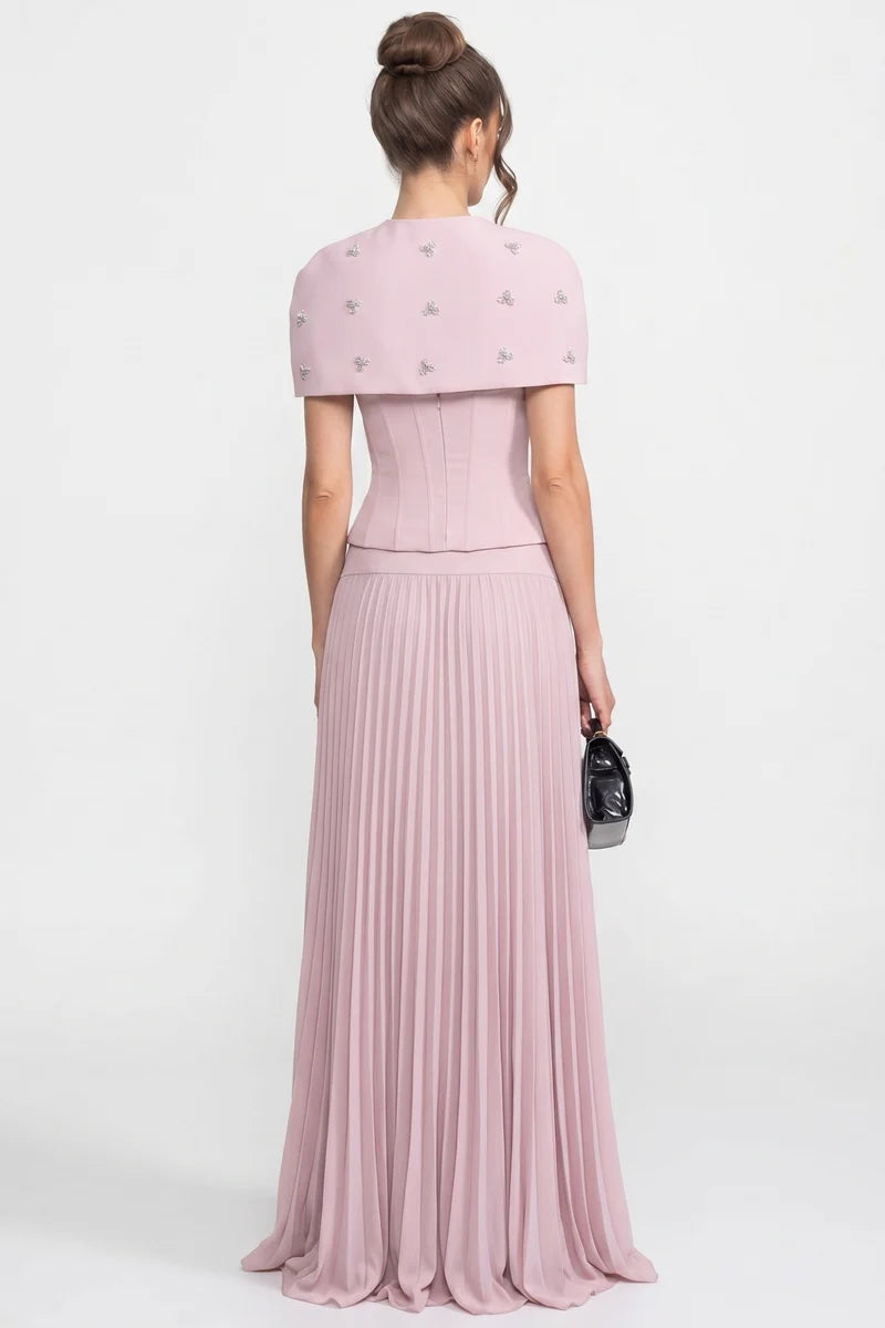 3-Piece Co-Ord Set With Ruched Top, Detachable Cape And Maxi Skirt - Pink