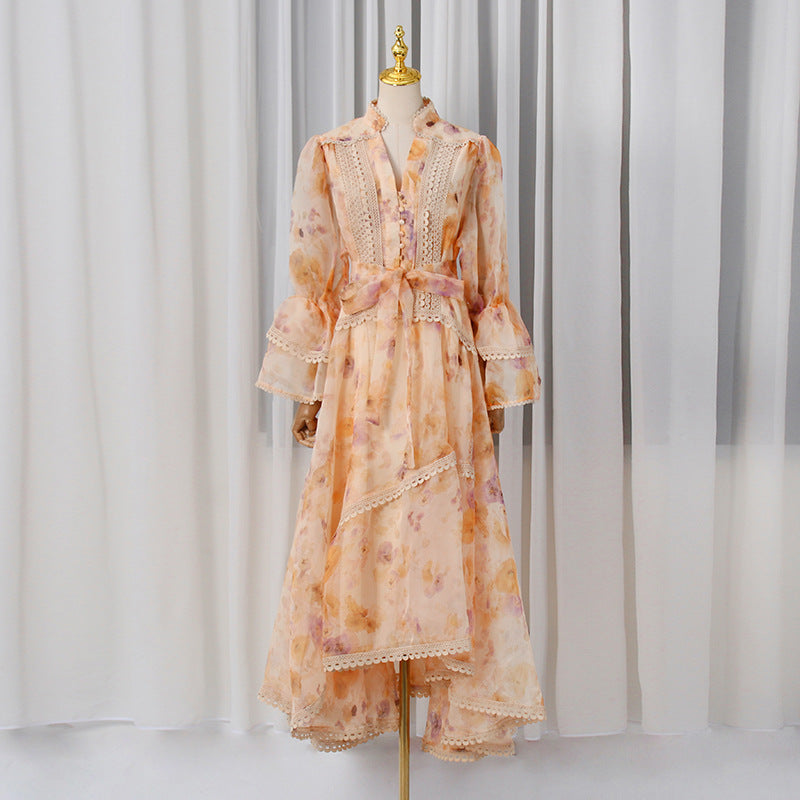 Waist-Slimming Printed Long-Sleeve Dress