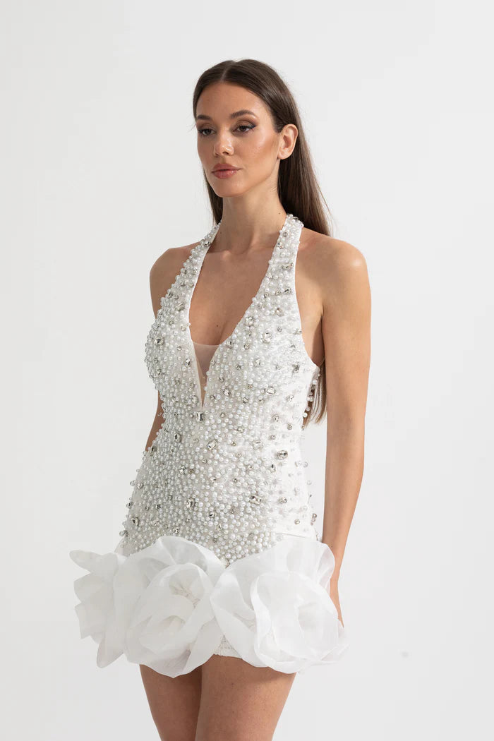 Sleeveless Mini Dress With Deep V-Neckline And Intricate Pearl And Bead Embellishments - White