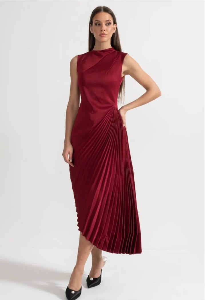 Asymmetrical Sleeveless Dress With Pleated Detailing Midi Skirt - Red
