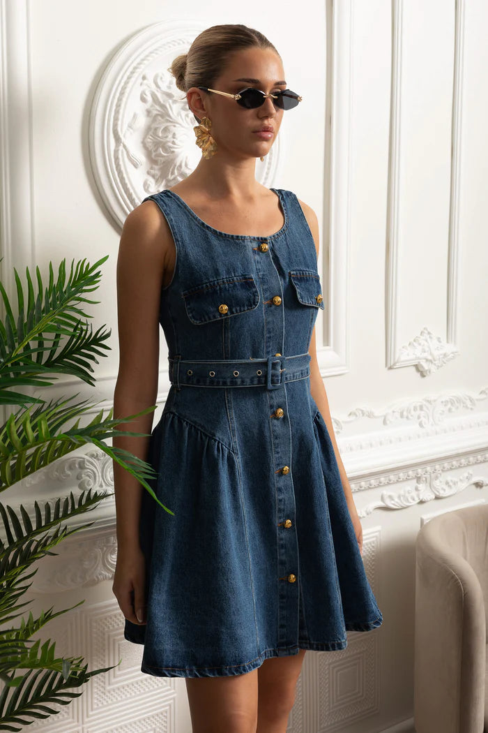 Belted Denim Button-Front Mini Dress - Blue