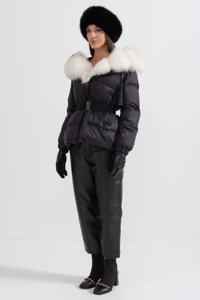 Puffer Jacket With Waistbelt And White Fox Fur-Lined Hood - Black