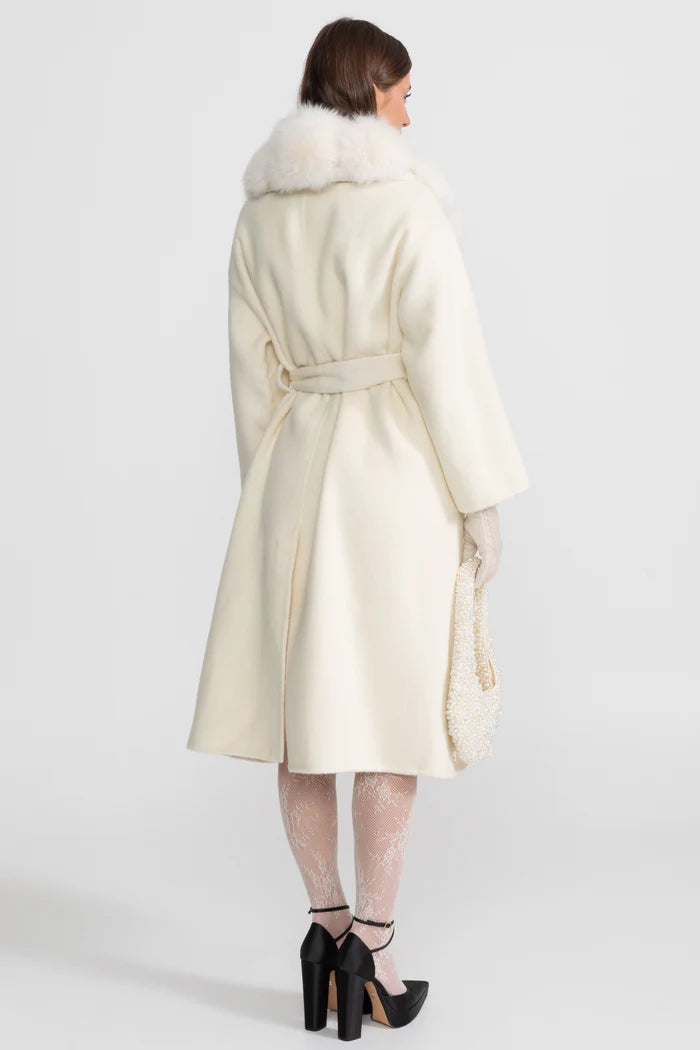 Wool Wrap Coat with Fox Fur Collar And Tie Belt – Ivoire
