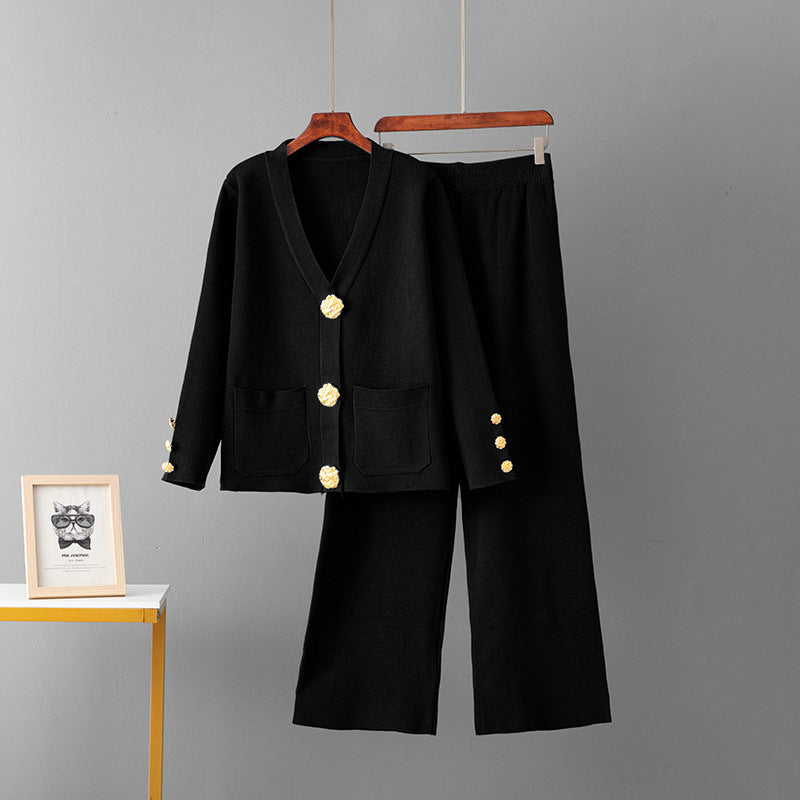 Metal buckle knitted cardigan sweater wide-leg pants set