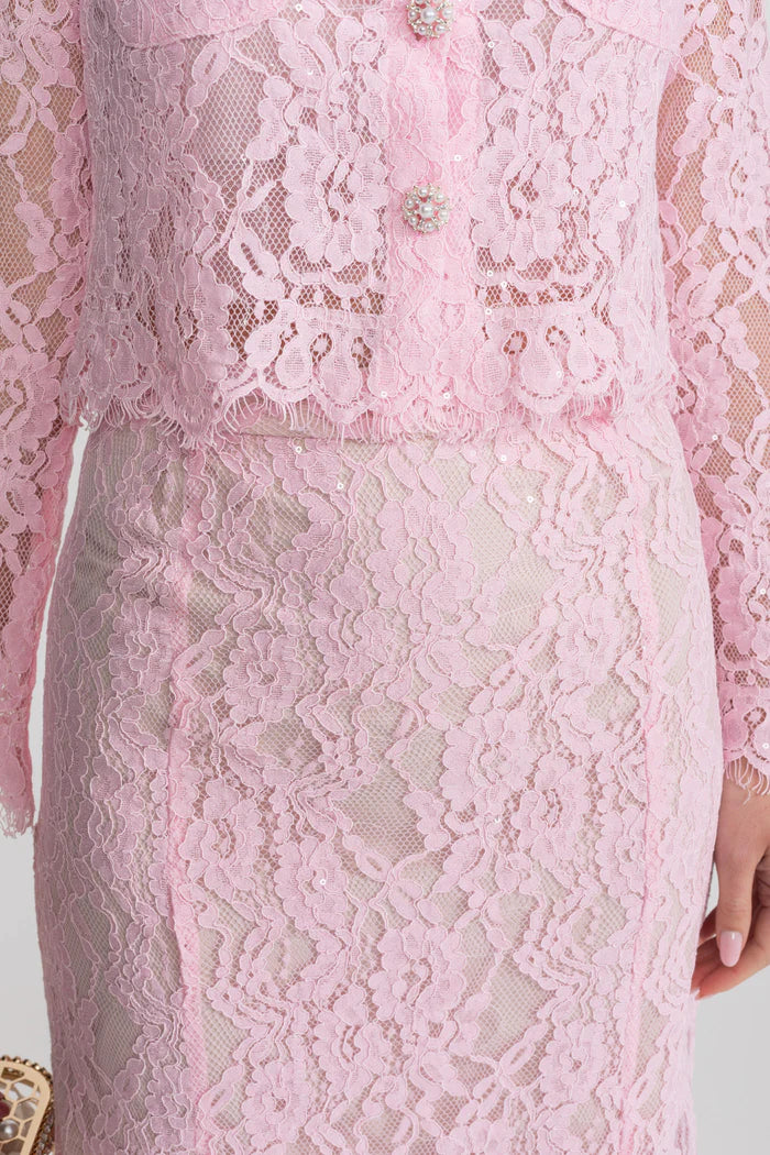 Lace Co-ord Set with Embellished Collar and Buttons - Pink