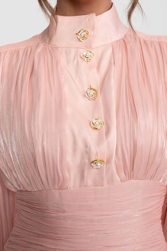 Balloon-Sleeve Tiered Maxi Dress With Jeweled Rose Buttons - Peach