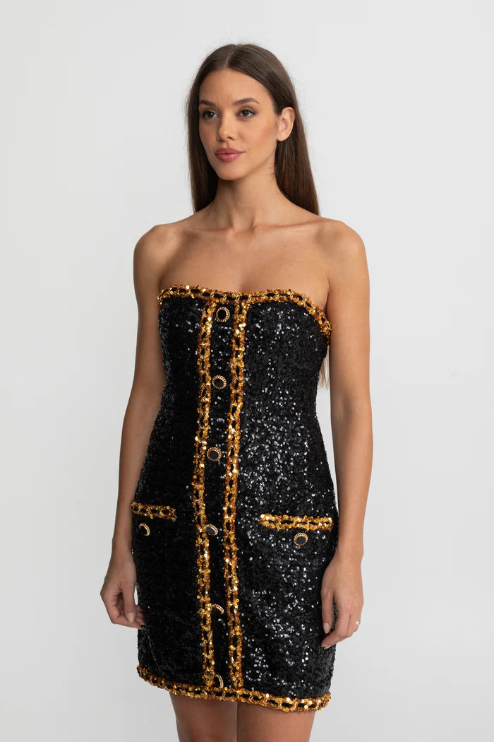 Strapless Sequin Mini Dress With Chain Trim Detailing – Black