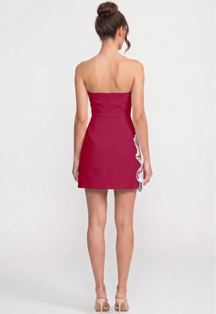Strapless floral print mini dress with structured bodice - Red