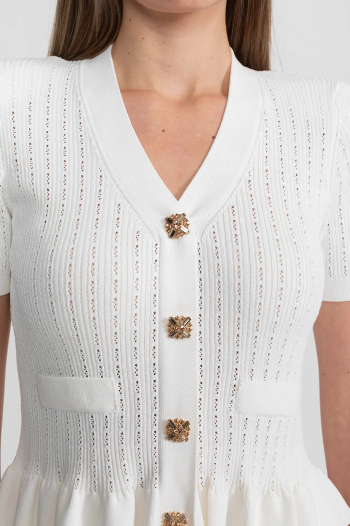 Knit Midi Co-Ord with Peplum Waist and Gold Buttons – White