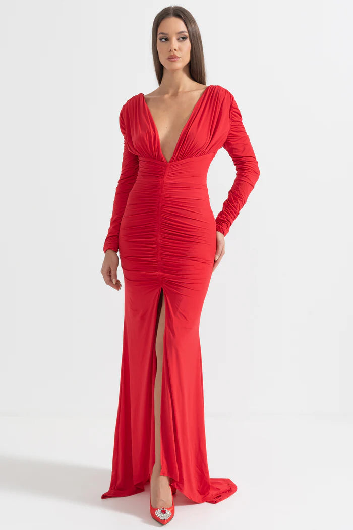 Elegant Ruched Dress With Deep Neckline - Red