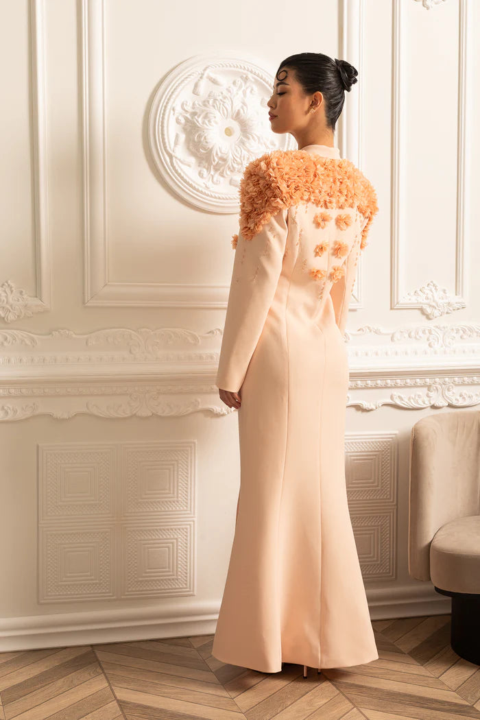 Long Overcoat With 3D Contrasting Floral Shoulder And Back Accents - Peach