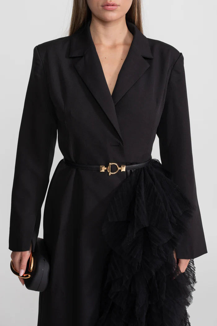 Tulle Cascade Blazer Dress With Notched Lapels – Black