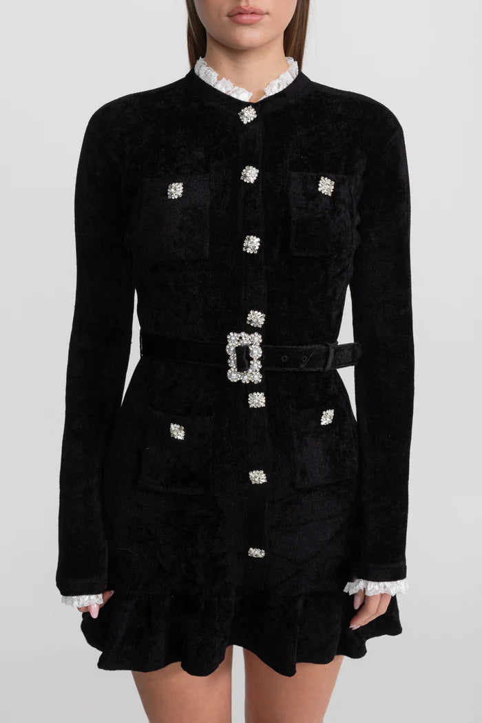 Knit Crystal-Button Mini Dress With Matching Belt – Black