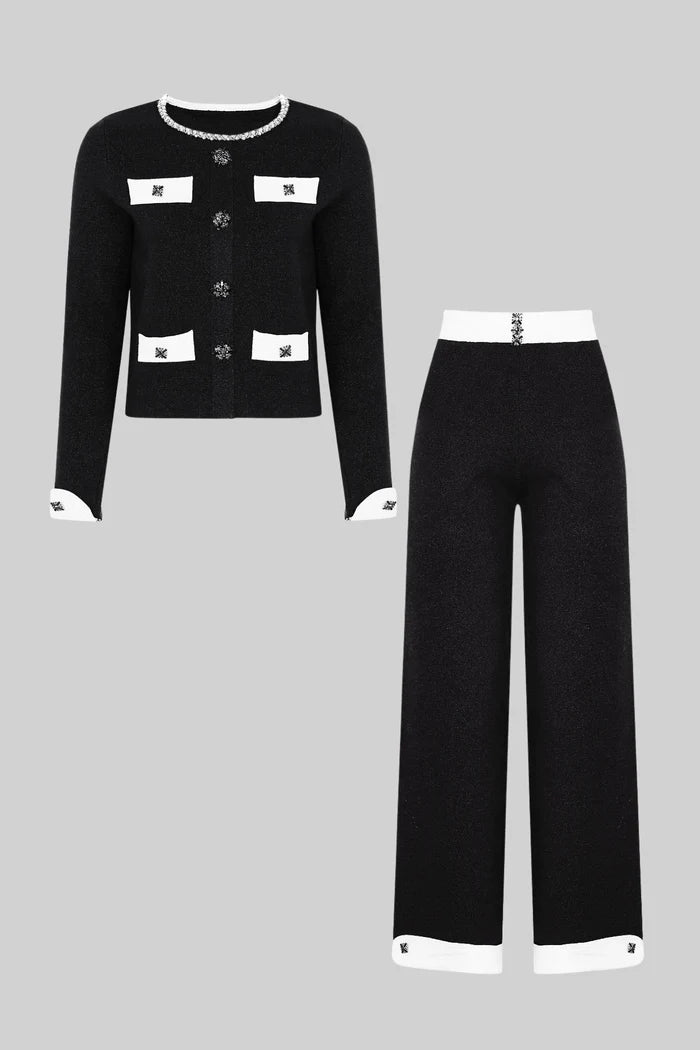 Long Sleeve Knit Co-Ord Set With Contrast Trim And Sparkling Embellishments - Black