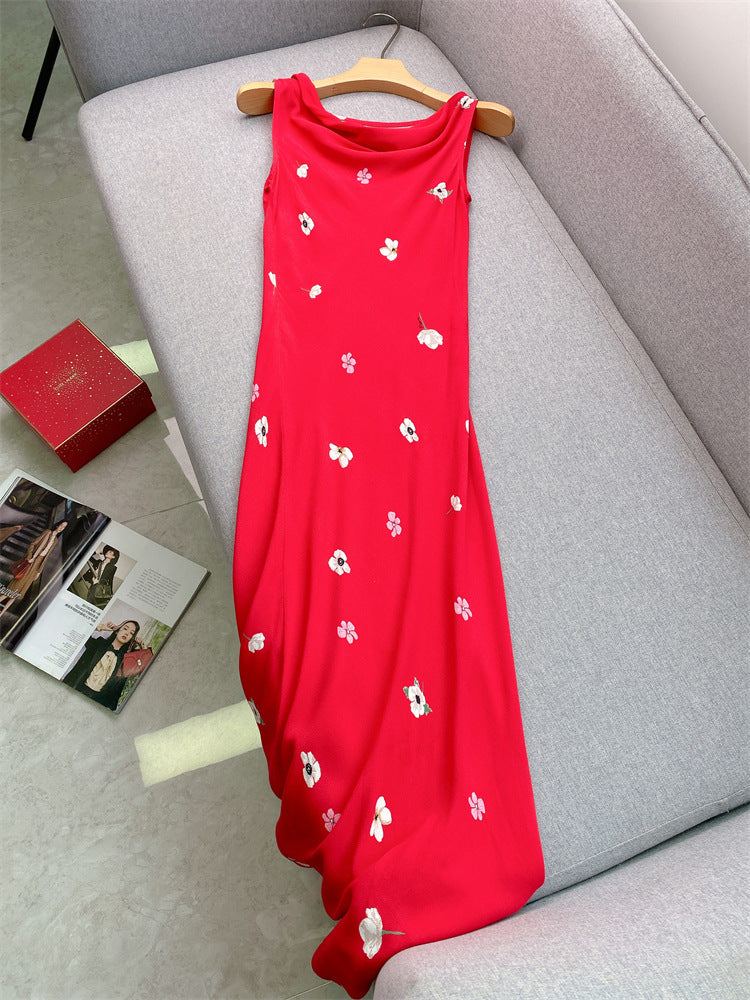 Flower print red dress silk