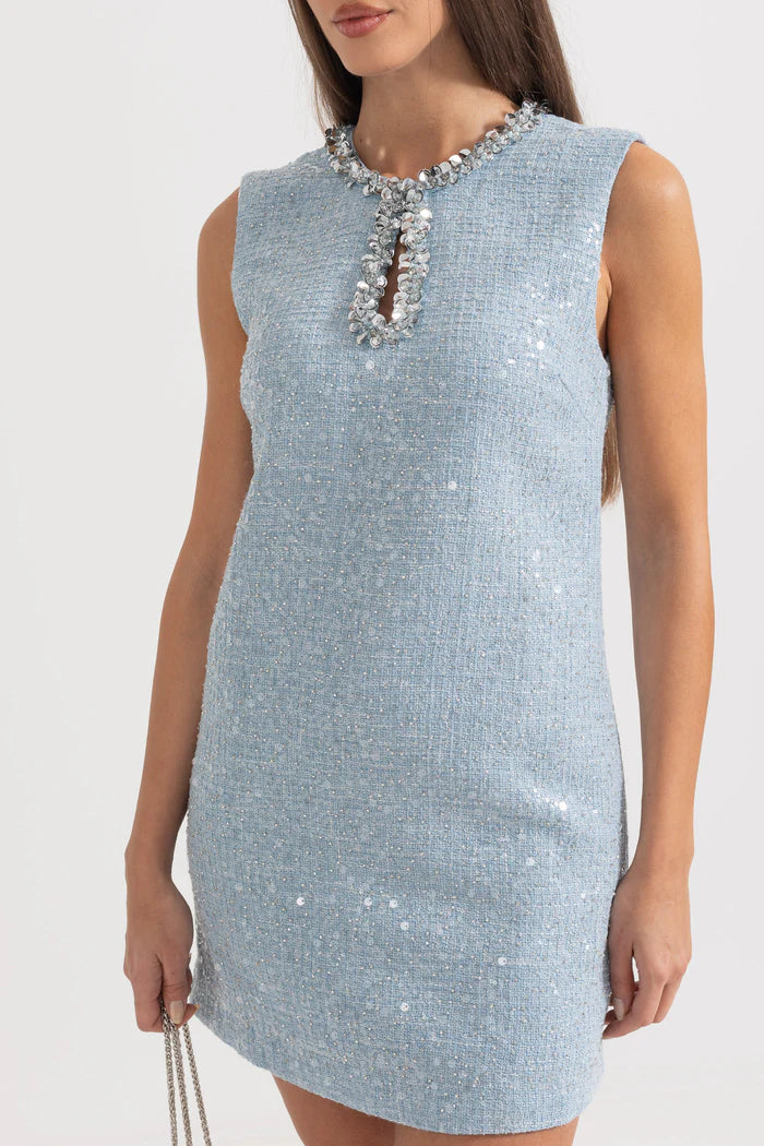 Textured Sleeveless Mini Dress With Sparkling Collar Details - Blue