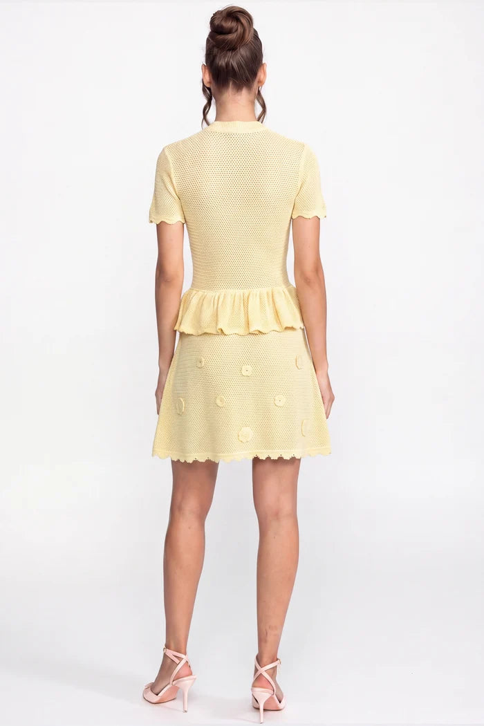 Floral Crochet Peplum Mini Dress With Drawstring Waist - Yellow
