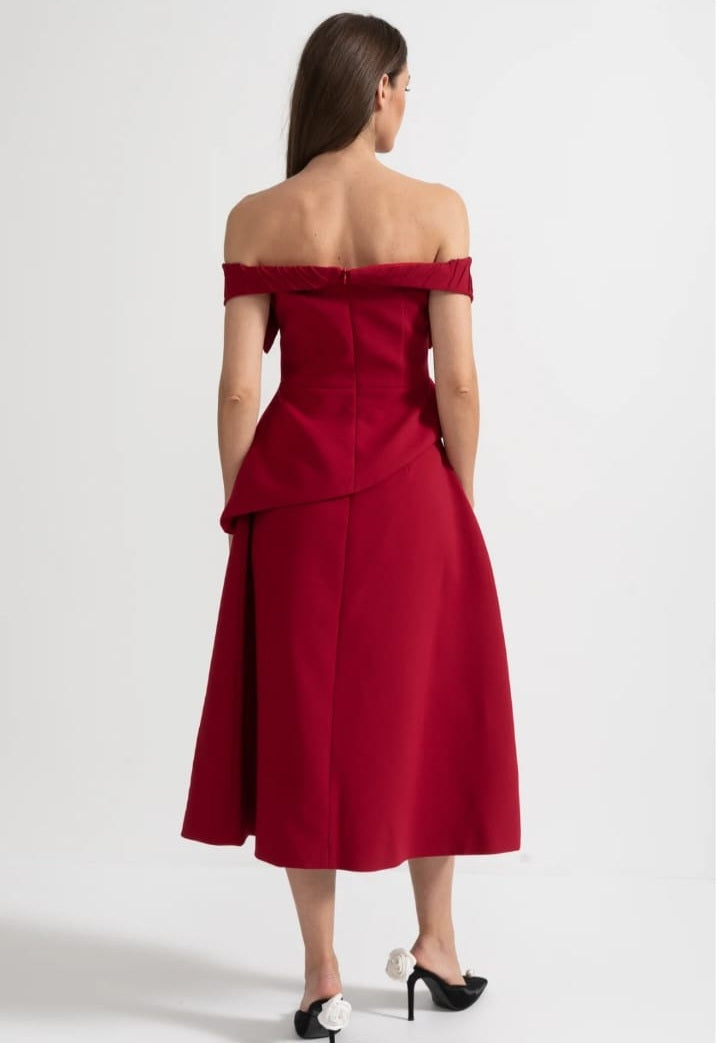 Off-Shoulder Set With Pleated Detail Top And Midi Skirt With Front Slit Accent - Red