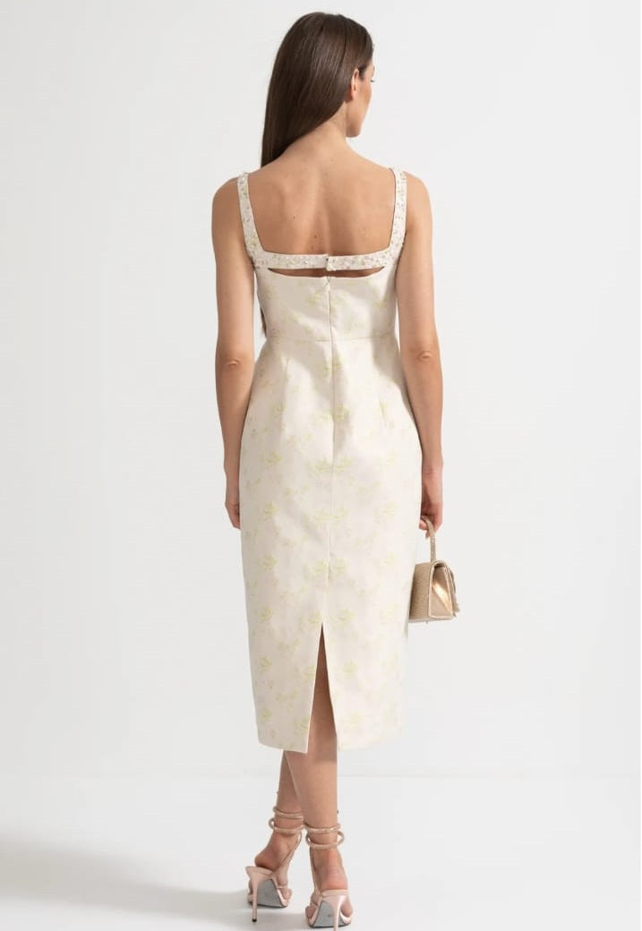 Sleeveless Midi Dress With Square Neckline, Subtle Floral Pattern And Front Cutout - Ivoire