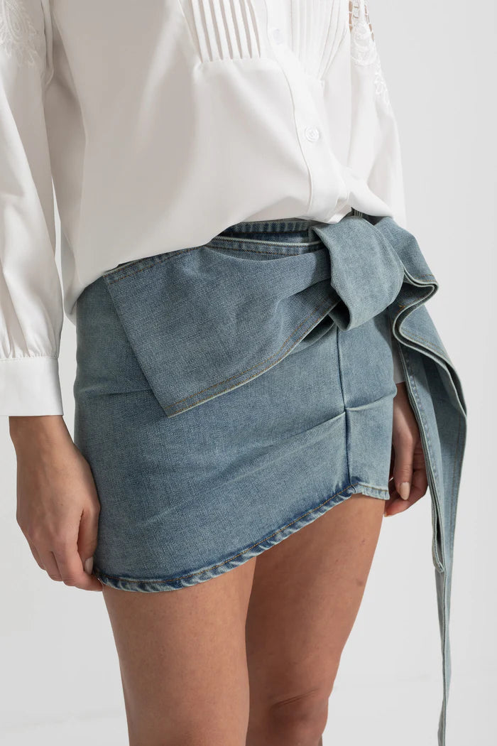 Denim Mini Skirt with Oversized Bow Detail - Blue