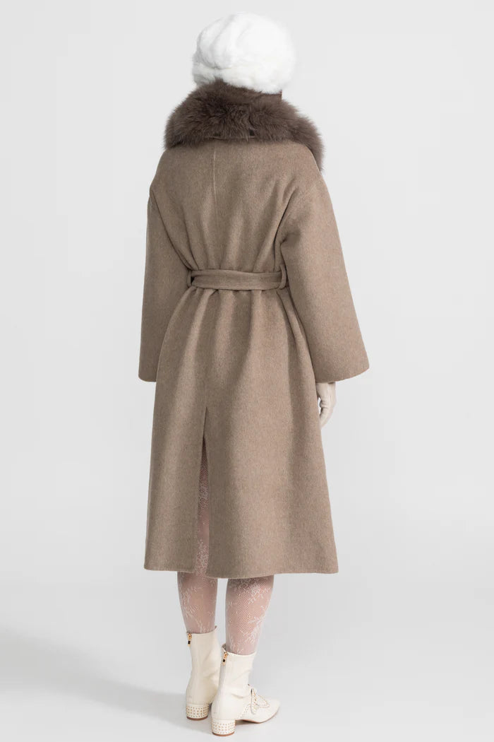 Wool Wrap Coat with Fox Fur Collar And Tie Belt – Khaki