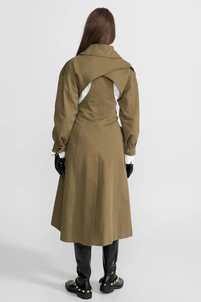 Cutout Trench Coat with Belted Waist and Utility Pockets - Khaki