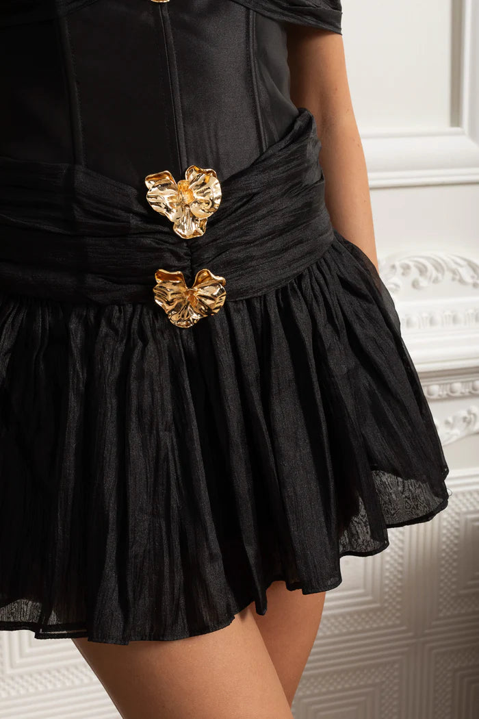 Off-Shoulder Corset Mini Dress with Gold Embellishments - Black
