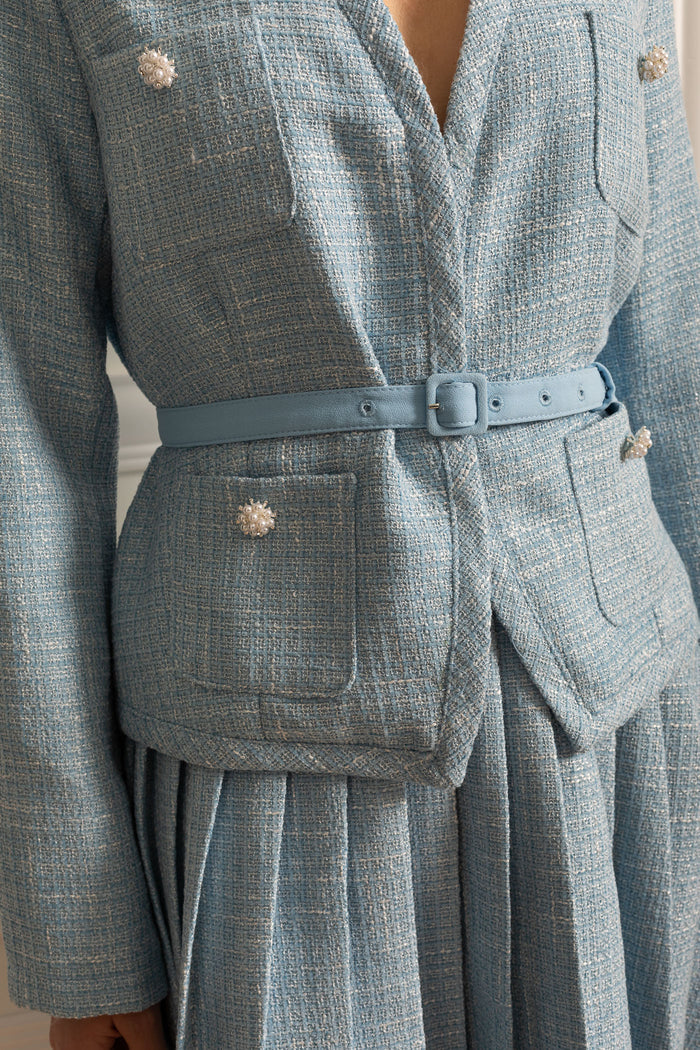 Textured Co-Ord Set With Long Sleeved Top And Matching Pleated Mini Skirt - Blue