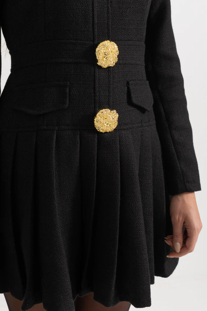 Buttoned Dress With Large Decorative Gold Buttons And Neckline Bow - Black