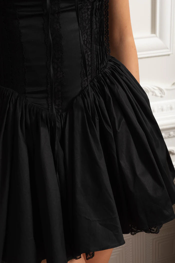 Bustier Dress with Lace-Up Back and Gathered Hem - Black