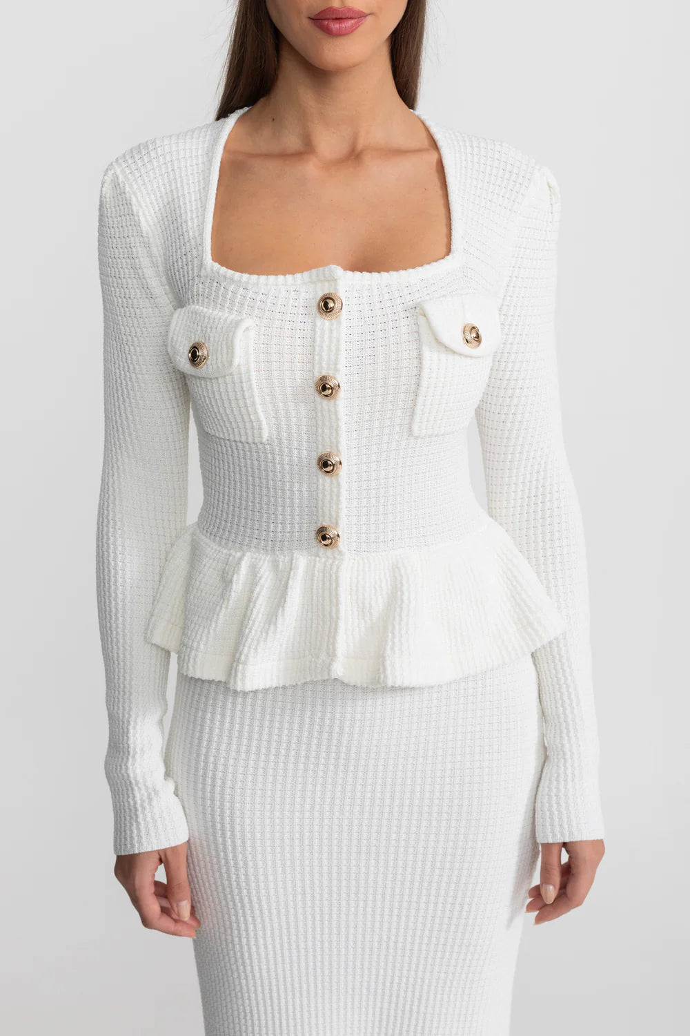 Textured Knit Dress with Peplum Waist and Gold Buttons - White