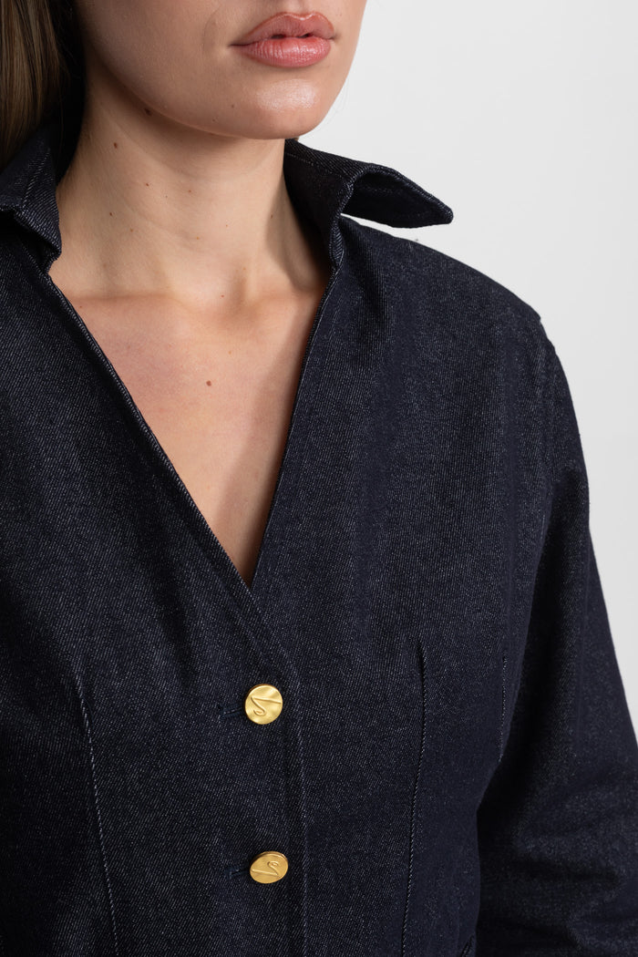 Denim Co-ord Set with Pleated Skirt and Gold Buttons - Dark Blue