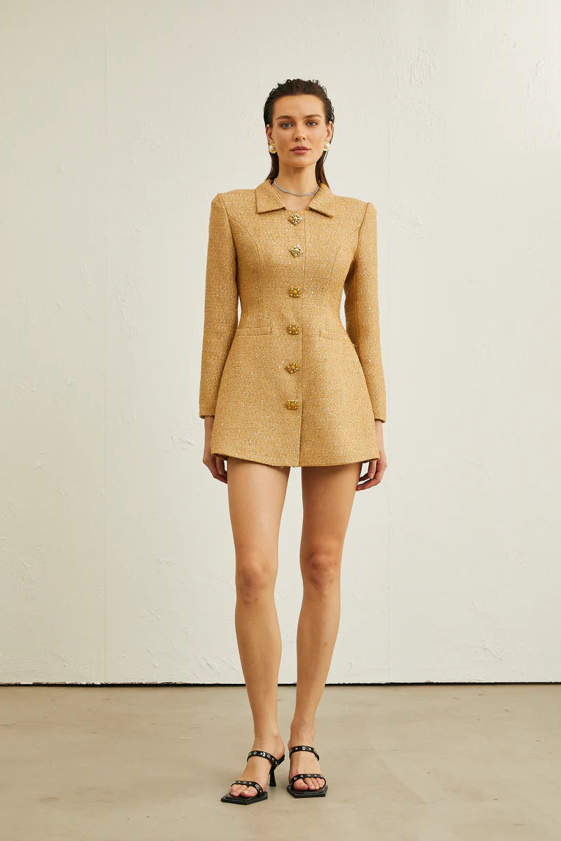 Morgane Tweed Long-Sheeve Mini Robe