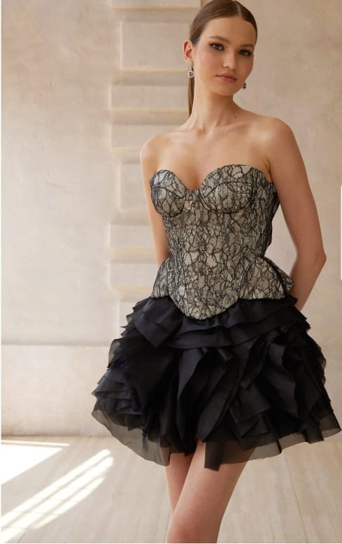 Lyra Black Lace Top & Tiered Skirt Set