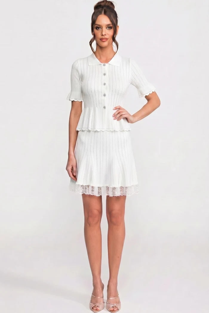 Peter-Pan Collar Knit Peplum Co-Ord set With Lace Hem - White