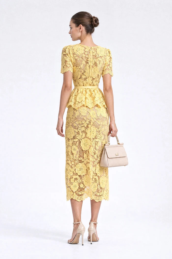 Crystal-Button Lace Peplum Midi Dress - Yellow