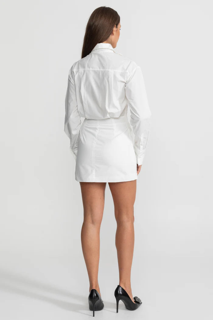 Sheer Panel Mini Shirt Dress With 3D Floral Appliqué – White