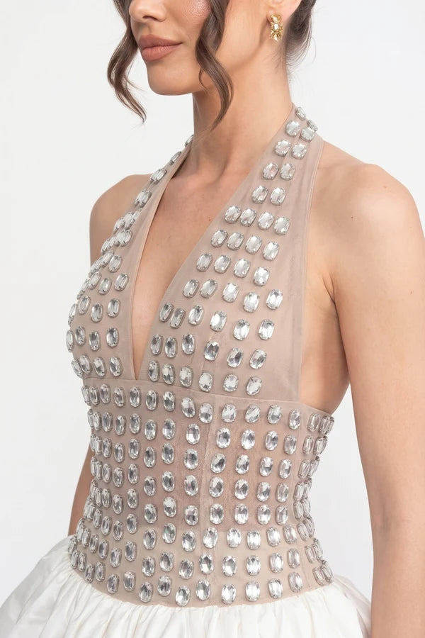 Crystal-Embellished Halter Mini Dress With Bubble Skirt - White