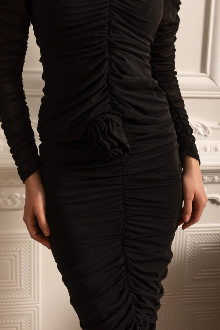 Ruched Two Piece Co-Ord Set Set With Front 3D Flowers - Black