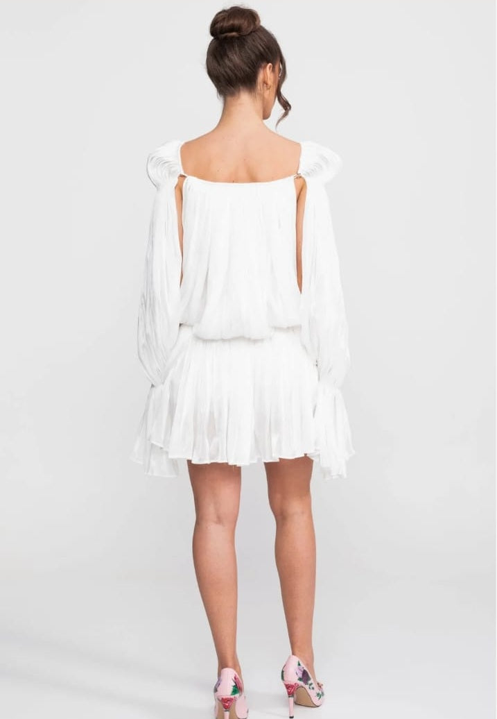 Flowy, sheer short dress with cape sleeves and gold clip detail - White