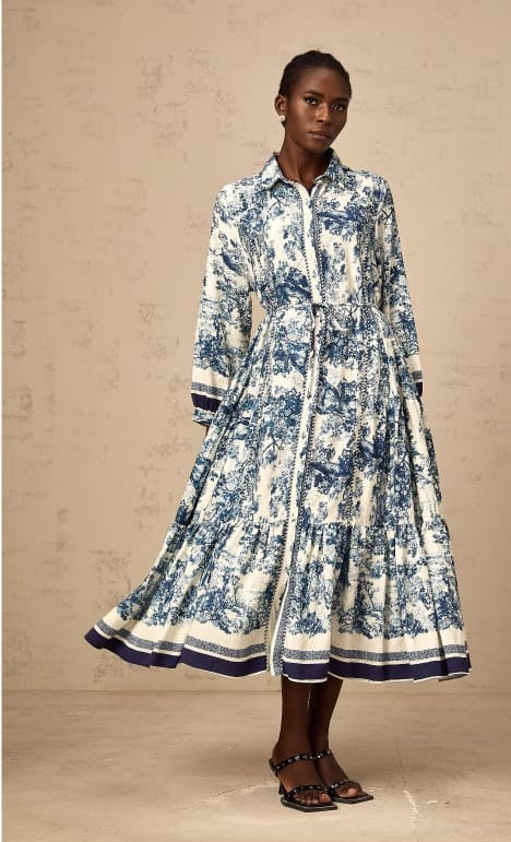 Adélaïde Graphic-Print Midi Kleid in Blau