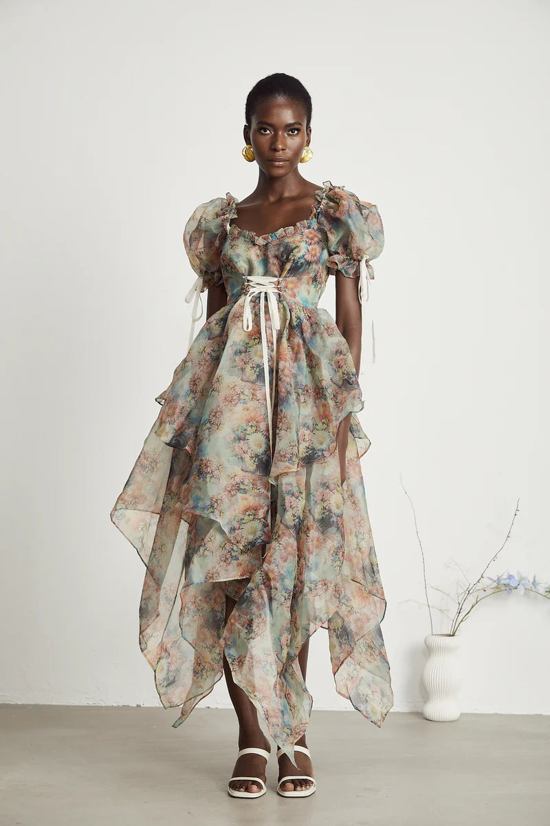 Victoire floral-print lace-up midi dress